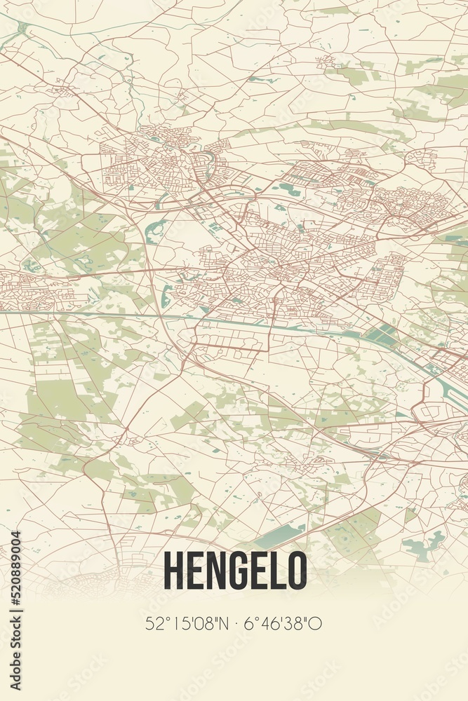 Retro Dutch city map of Hengelo located in Overijssel. Vintage street map.