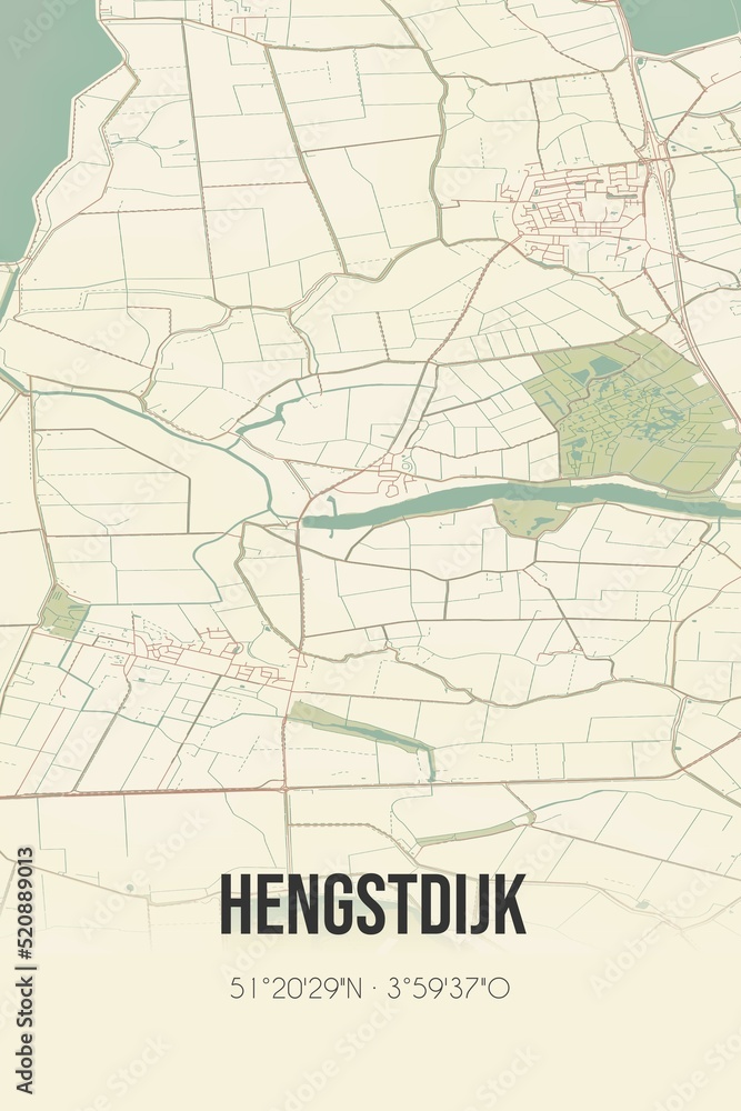 Retro Dutch city map of Hengstdijk located in Zeeland. Vintage street map.