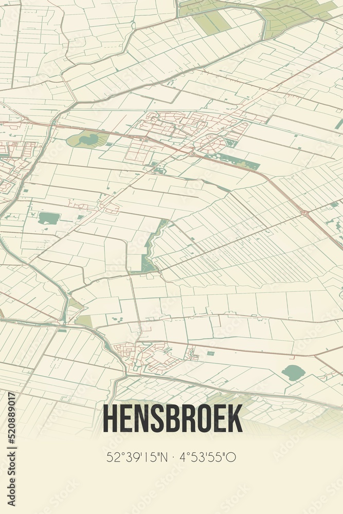 Retro Dutch city map of Hensbroek located in Noord-Holland. Vintage street map.