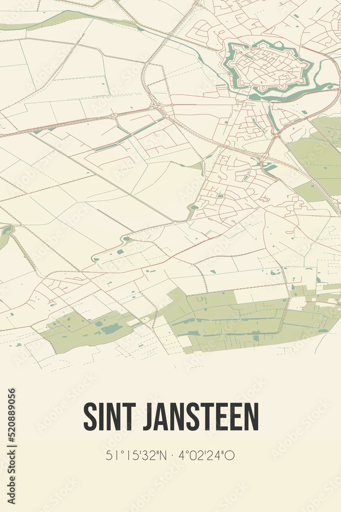 Retro Dutch city map of Sint Jansteen located in Zeeland. Vintage street map.