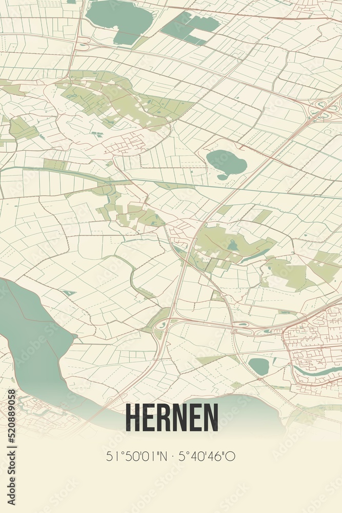 Retro Dutch city map of Hernen located in Gelderland. Vintage street map.