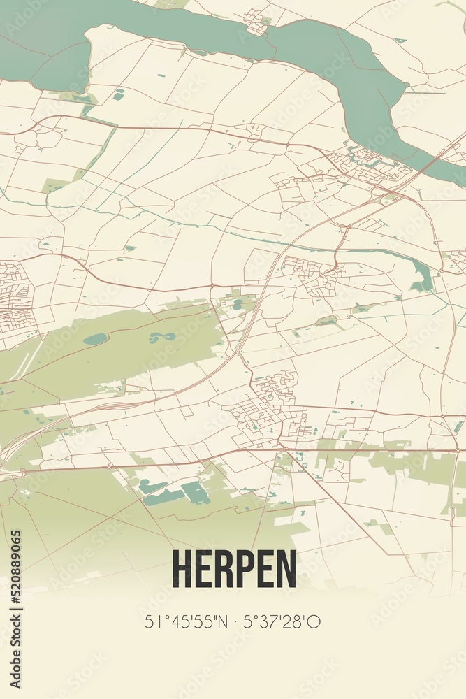 Retro Dutch city map of Herpen located in Noord-Brabant. Vintage street map.