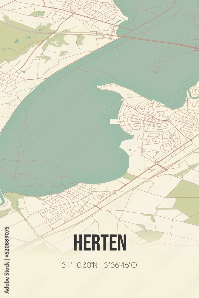 Obraz premium Retro Dutch city map of Herten located in Limburg. Vintage street map.