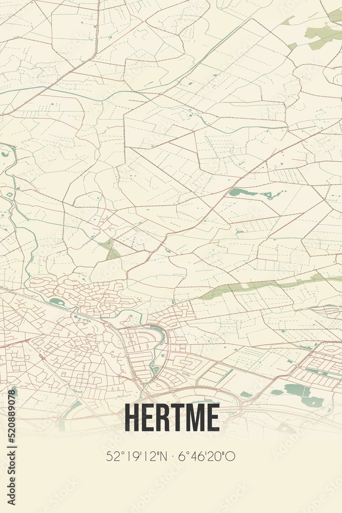 Retro Dutch city map of Hertme located in Overijssel. Vintage street map.