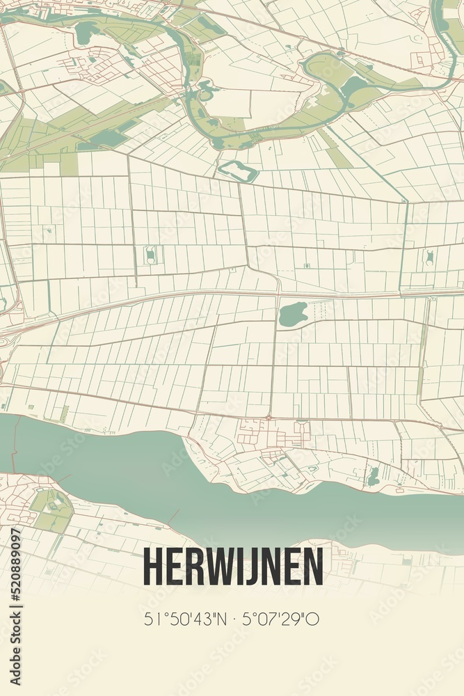 Retro Dutch city map of Herwijnen located in Gelderland. Vintage street map.