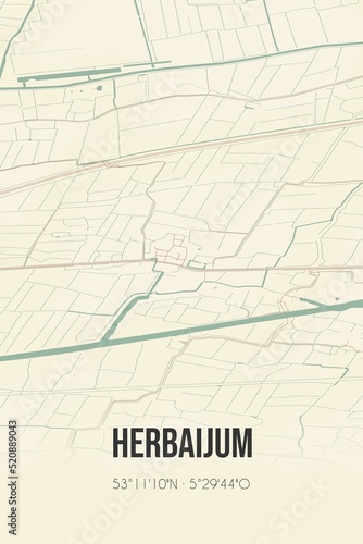 Retro Dutch city map of Herbaijum located in Fryslan. Vintage street map.