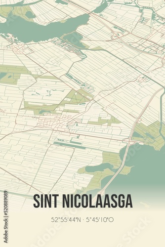 Retro Dutch city map of Sint Nicolaasga located in Fryslan. Vintage street map.