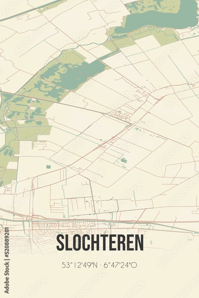 Retro Dutch city map of Slochteren located in Groningen. Vintage street map.