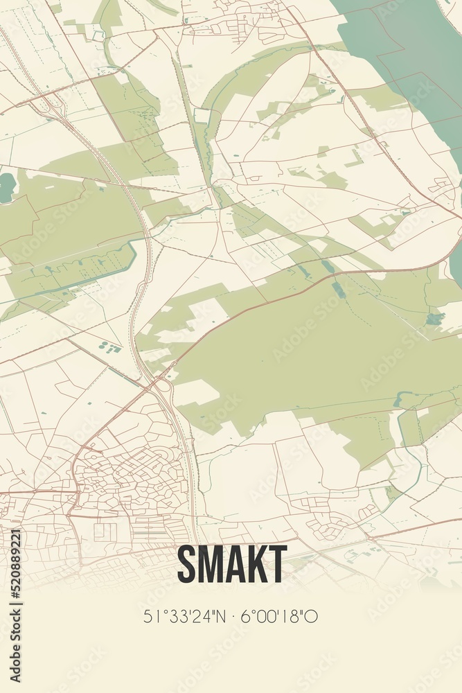 Retro Dutch city map of Smakt located in Limburg. Vintage street map.