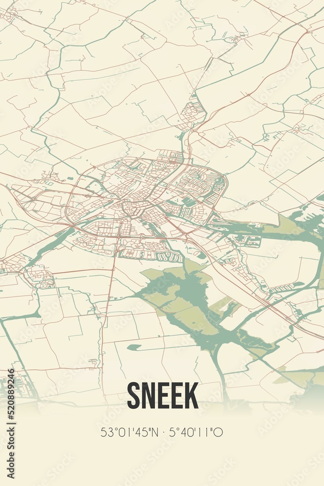 Retro Dutch city map of Sneek located in Fryslan. Vintage street map.