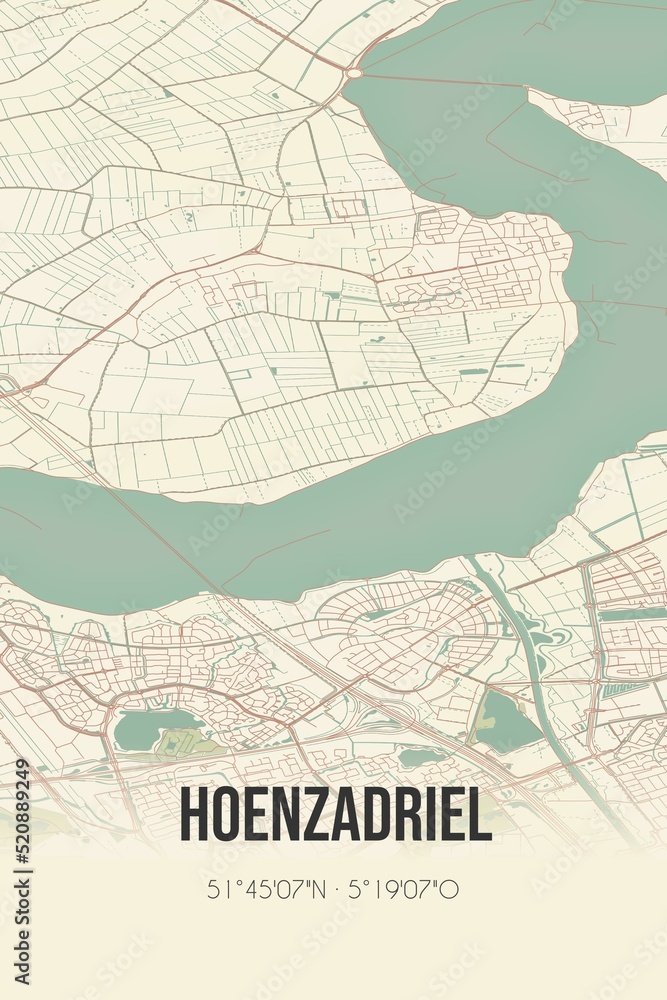Retro Dutch city map of Hoenzadriel located in Gelderland. Vintage street map. Retro Dutch city map of Hoenzadriel located in Gelderland. Vintage street map.