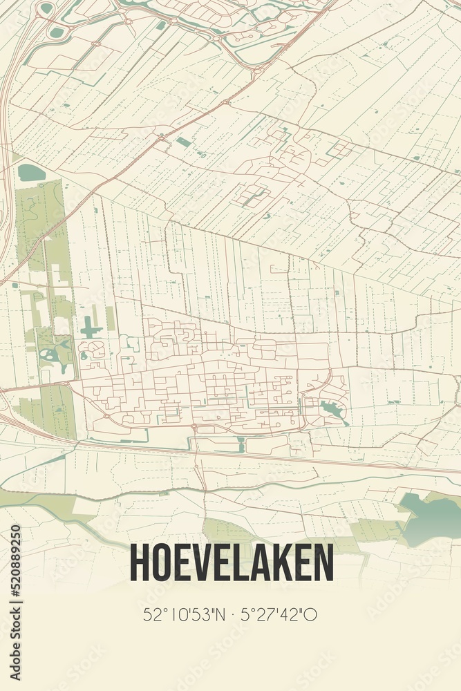 Retro Dutch city map of Hoevelaken located in Gelderland. Vintage street map.