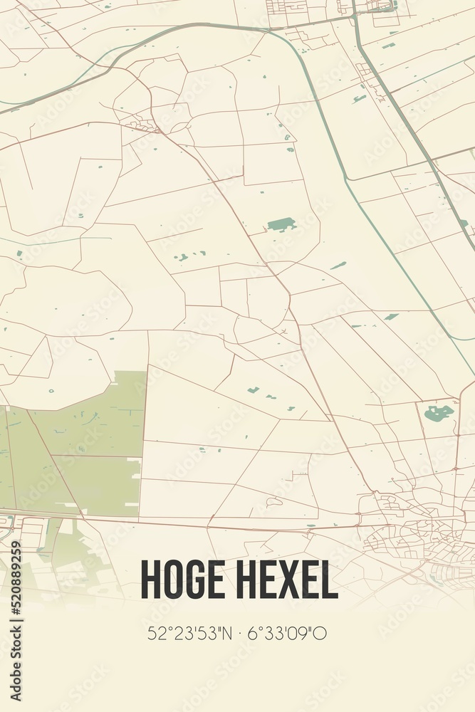Retro Dutch city map of Hoge Hexel located in Overijssel. Vintage street map.