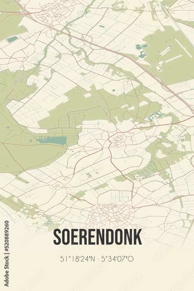 Retro Dutch city map of Soerendonk located in Noord-Brabant. Vintage street map.