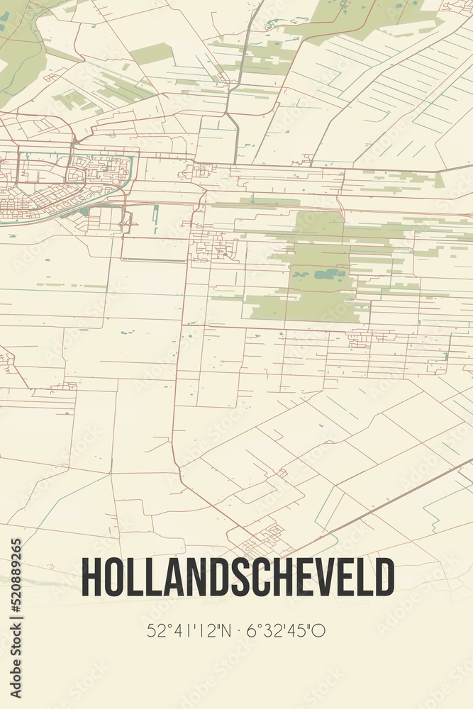 Retro Dutch city map of Hollandscheveld located in Drenthe. Vintage street map.