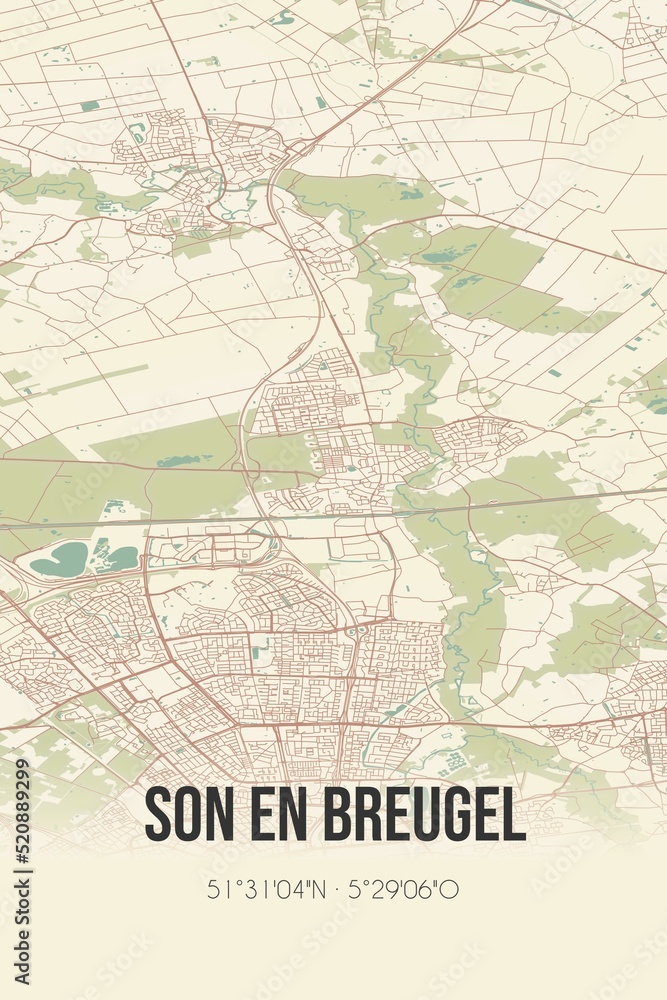 Retro Dutch city map of Son en Breugel located in Noord-Brabant. Vintage street map.