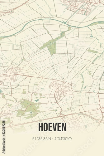 Retro Dutch city map of Hoeven located in Noord-Brabant. Vintage street map.