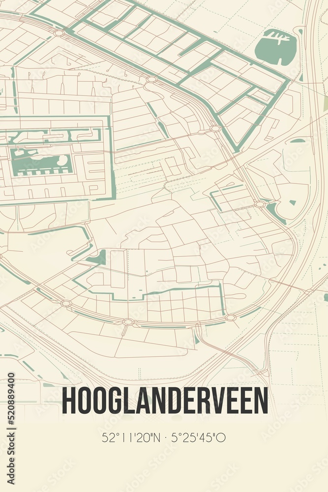 Retro Dutch city map of Hooglanderveen located in Utrecht. Vintage street map. Retro Dutch city map of Hooglanderveen located in Utrecht. Vintage street map.