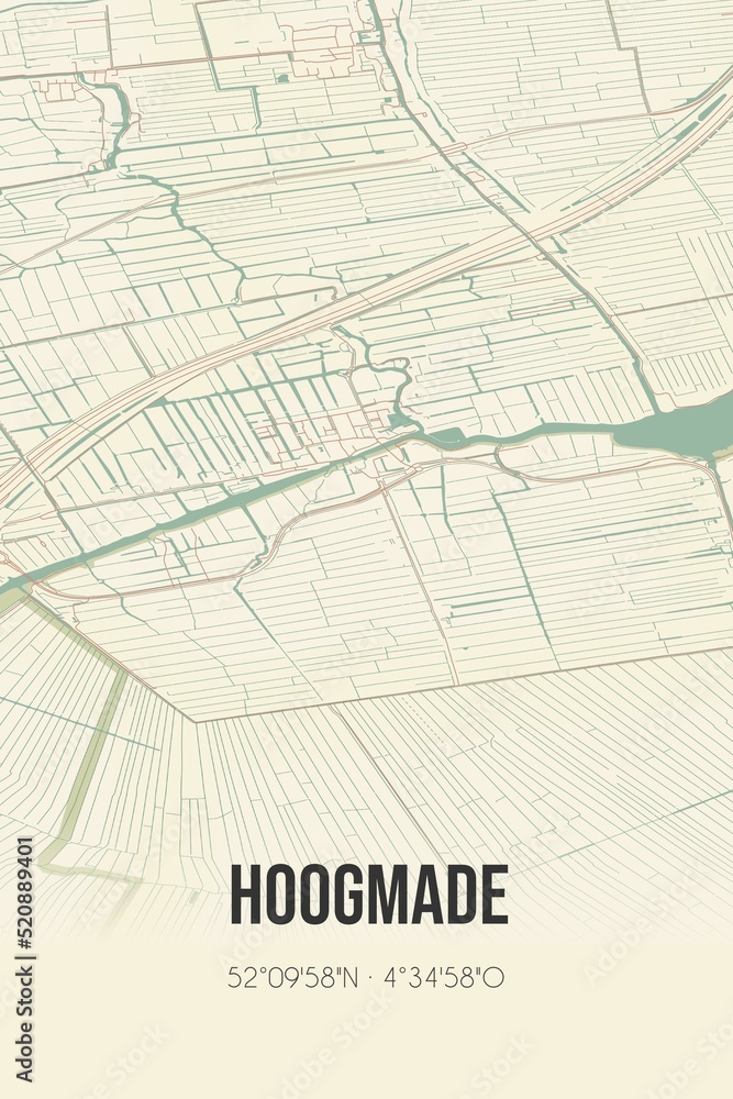 Fototapeta premium Retro Dutch city map of Hoogmade located in Zuid-Holland. Vintage street map.