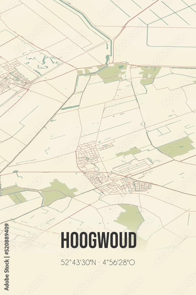 Retro Dutch city map of Hoogwoud located in Noord-Holland. Vintage street map.