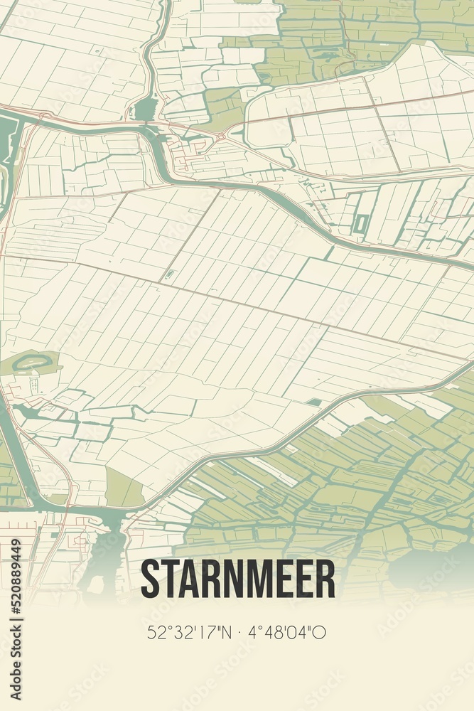 Retro Dutch city map of Starnmeer located in Noord-Holland. Vintage street map.