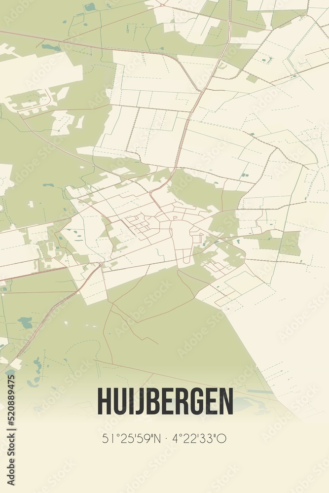 Retro Dutch city map of Huijbergen located in Noord-Brabant. Vintage street map.