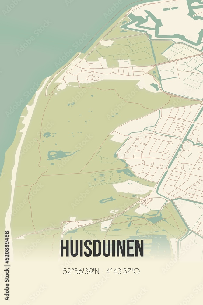 Fototapeta premium Retro Dutch city map of Huisduinen located in Noord-Holland. Vintage street map.