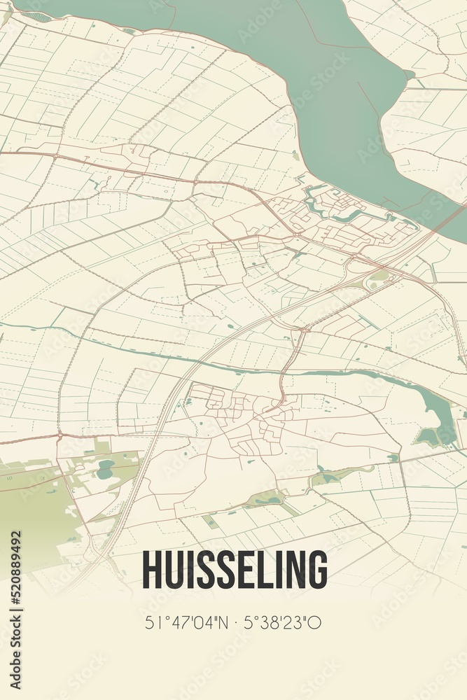 Retro Dutch city map of Huisseling located in Noord-Brabant. Vintage street map.