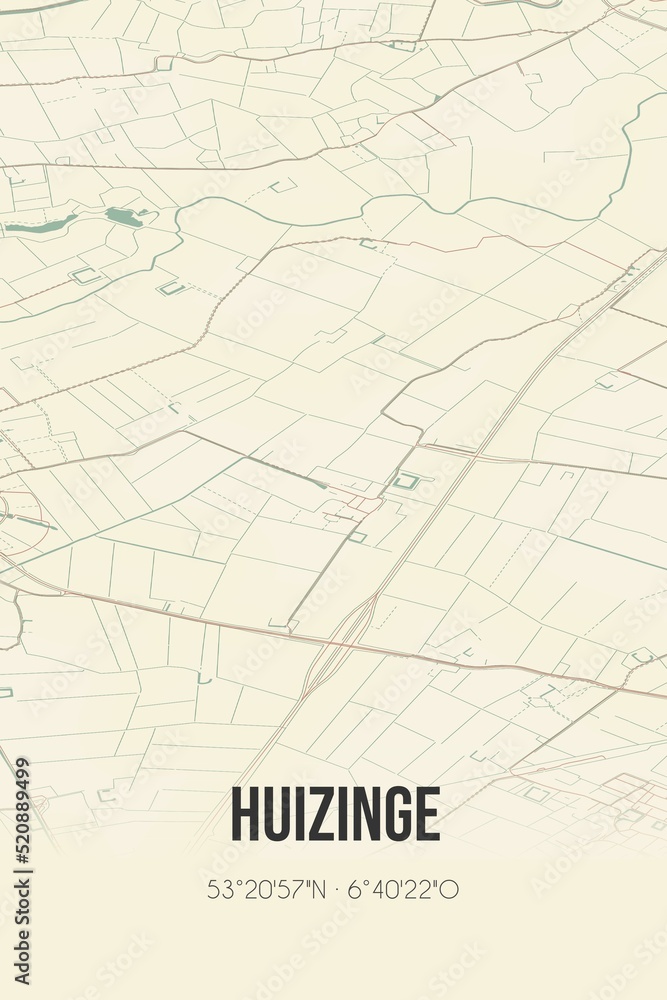 Fototapeta premium Retro Dutch city map of Huizinge located in Groningen. Vintage street map.