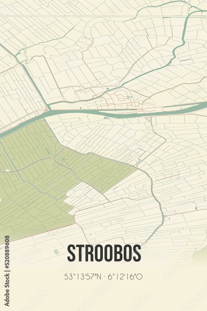 Obraz premium Retro Dutch city map of Stroobos located in Fryslan. Vintage street map.