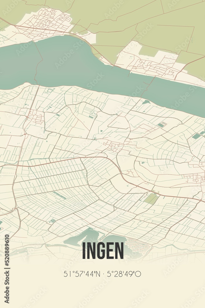 Retro Dutch city map of Ingen located in Gelderland. Vintage street map.