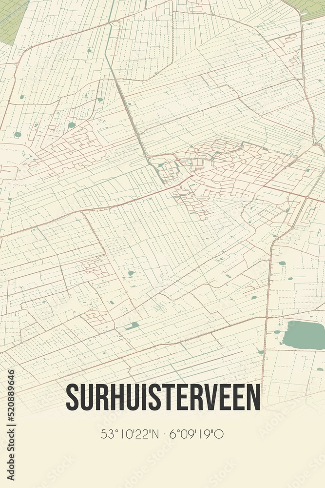 Retro Dutch city map of Surhuisterveen located in Fryslan. Vintage street map. Retro Dutch city map of Surhuisterveen located in Fryslan. Vintage street map.