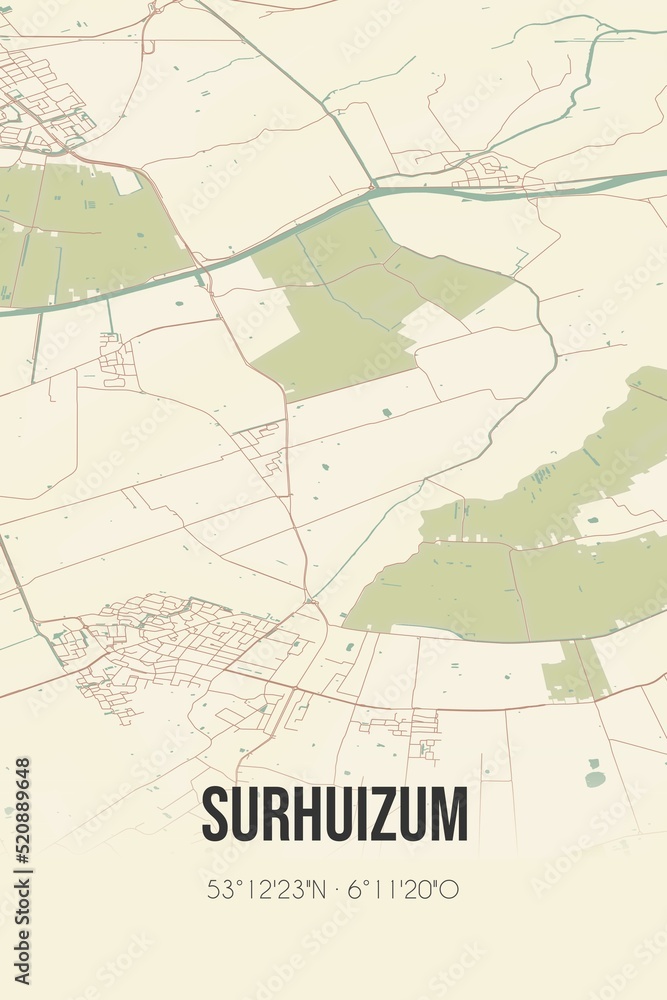 Retro Dutch city map of Surhuizum located in Fryslan. Vintage street map.