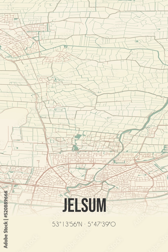 Retro Dutch city map of Jelsum located in Fryslan. Vintage street map.