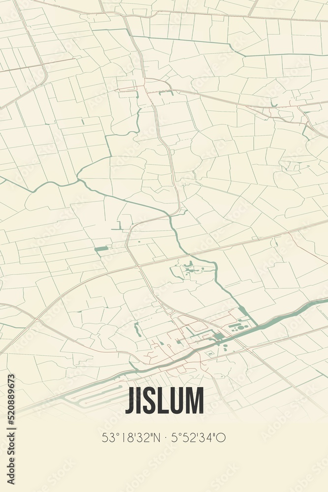 Retro Dutch city map of Jislum located in Fryslan. Vintage street map.
