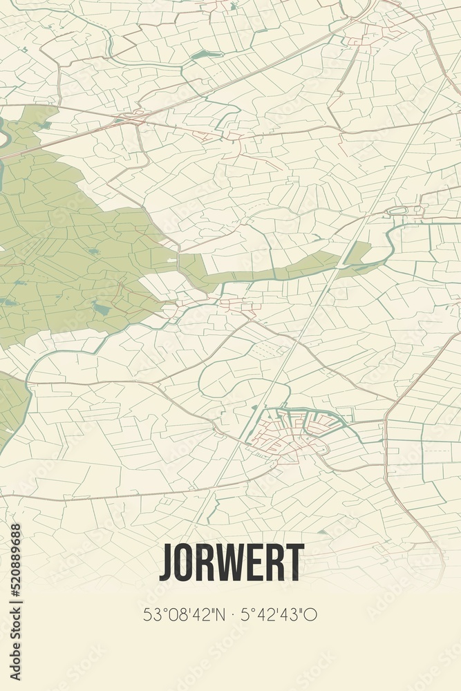 Retro Dutch city map of Jorwert located in Fryslan. Vintage street map. Retro Dutch city map of Jorwert located in Fryslan. Vintage street map.
