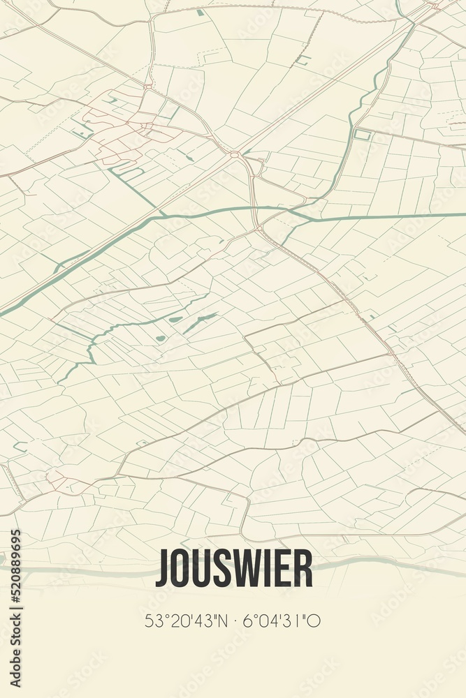 Retro Dutch city map of Jouswier located in Fryslan. Vintage street map.