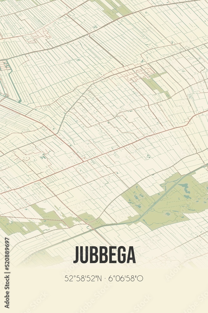 Retro Dutch city map of Jubbega located in Fryslan. Vintage street map.