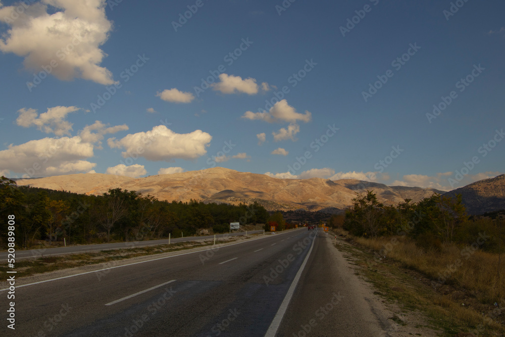 roadside vegetation with stretching road, countryside, mountains and clouds