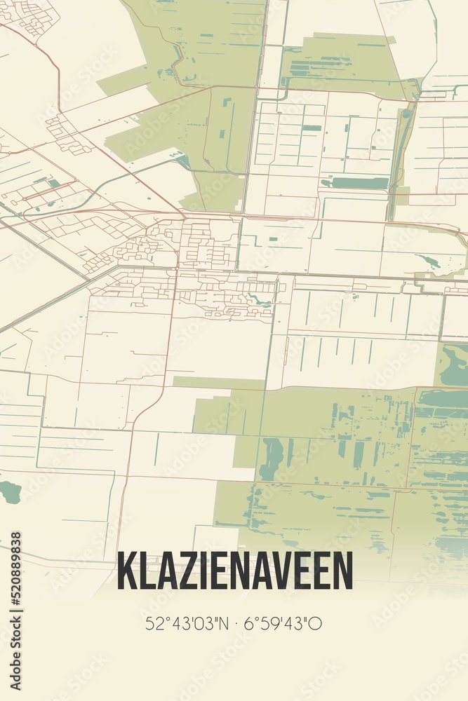 Retro Dutch city map of Klazienaveen located in Drenthe. Vintage street map.