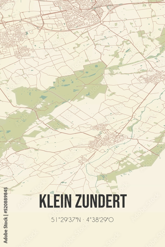 Retro Dutch city map of Klein Zundert located in Noord-Brabant. Vintage street map.