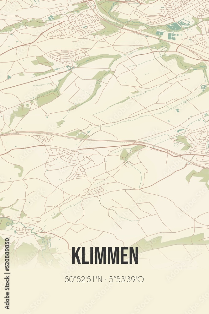 Retro Dutch city map of Klimmen located in Limburg. Vintage street map.