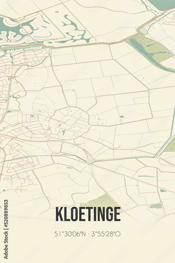 Obraz premium Retro Dutch city map of Kloetinge located in Zeeland. Vintage street map.