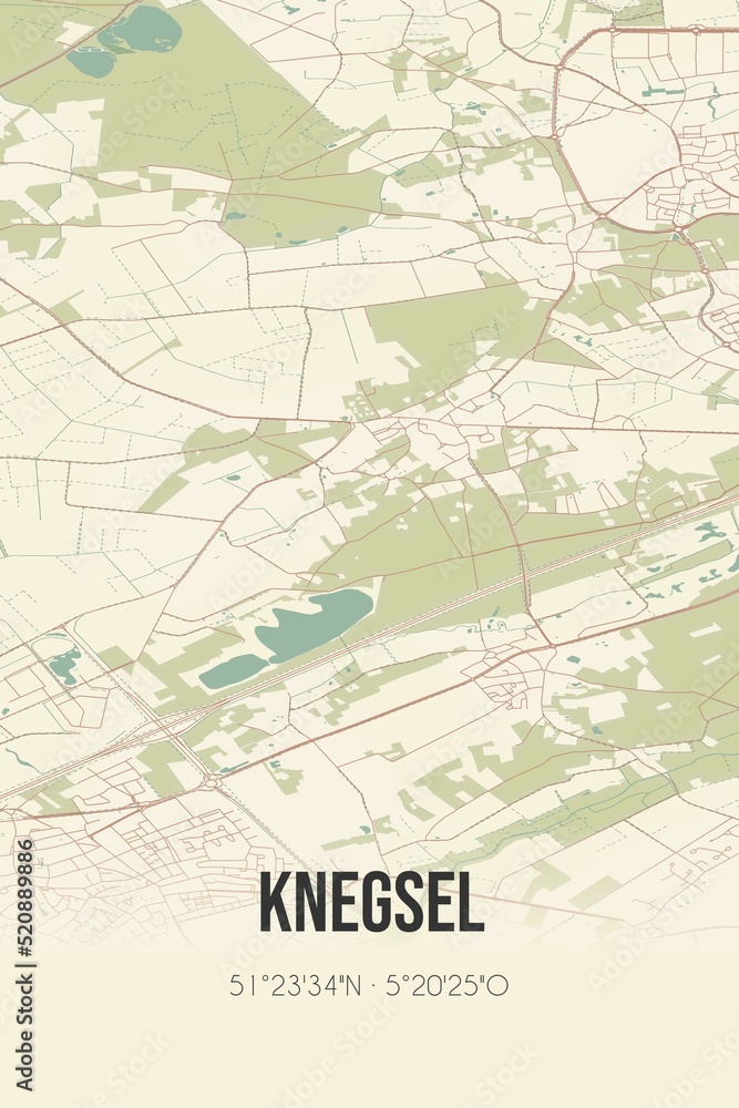 Retro Dutch city map of Knegsel located in Noord-Brabant. Vintage street map.