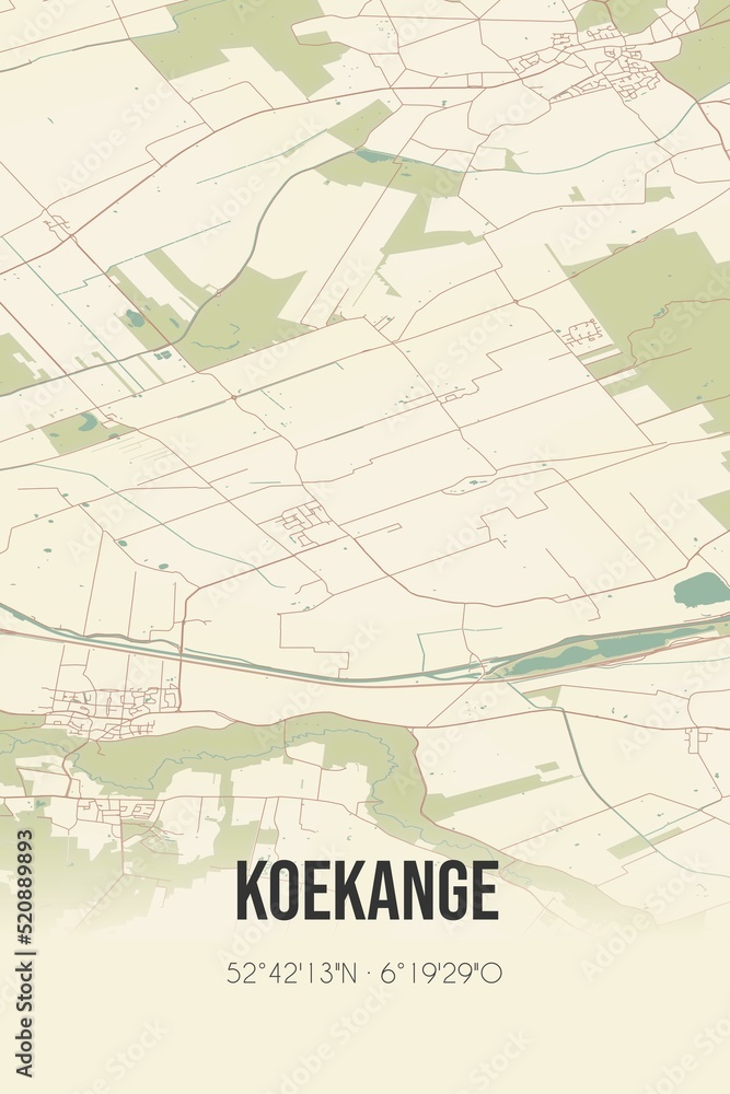 Retro Dutch city map of Koekange located in Drenthe. Vintage street map.
