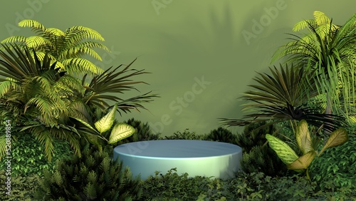 Minimal stage podium in tropical forest. Metallic product stand. Mock up scene for product presentation. Promotion jungle room. 3d rendering photo