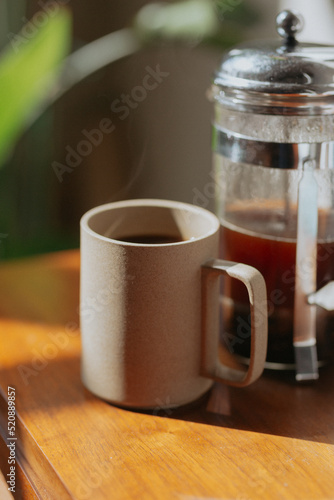 Coffee cup and french press in warm sunlight on wooden surface surrounded by house plants
