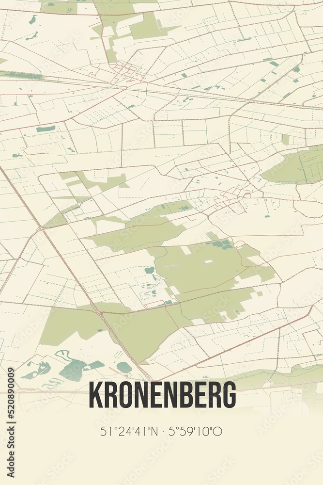 Retro Dutch city map of Kronenberg located in Limburg. Vintage street map.