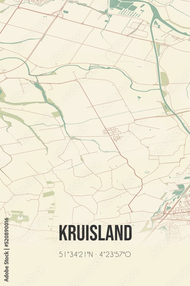 Obraz premium Retro Dutch city map of Kruisland located in Noord-Brabant. Vintage street map.
