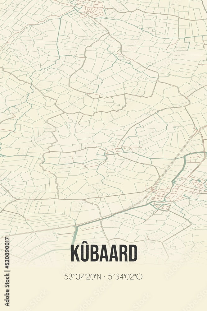 Retro Dutch city map of Kûbaard located in Fryslan. Vintage street map.